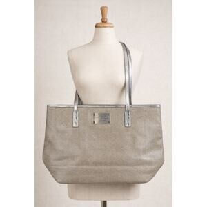 Michael Kors Silver Canvas Tote Bag Croc Trim Large Shoulder Bag